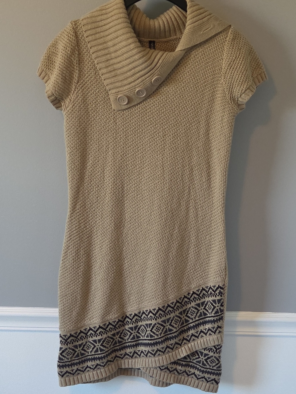 Massini Beige Geometric Knit Sweater Dress Ribbed Cowl Collar Size M